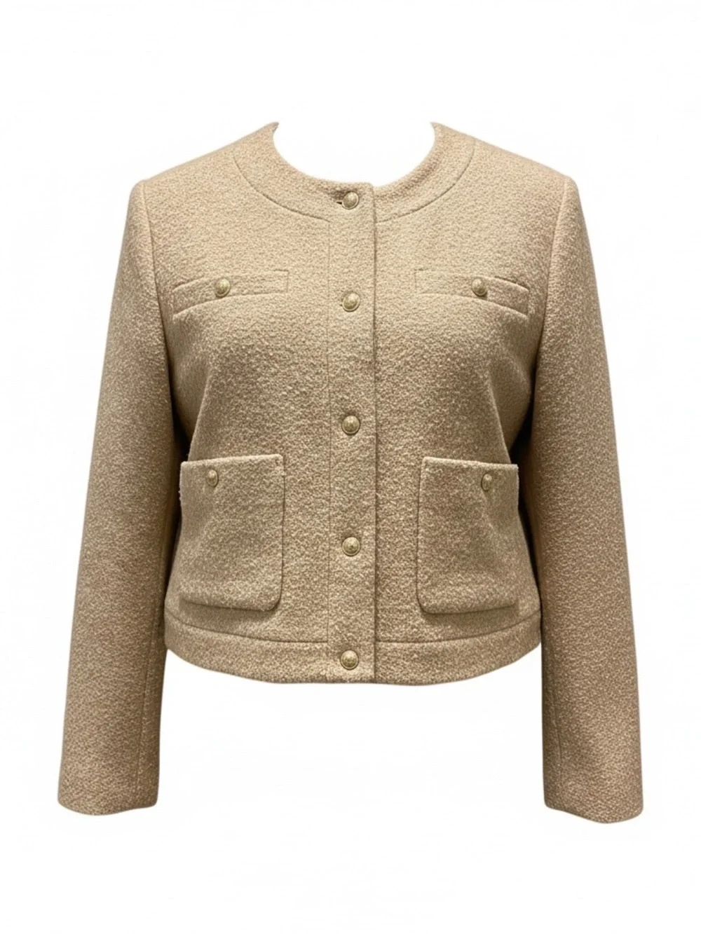 J. Crew Cream Bouclé Collarless Jacket with Gold Buttons